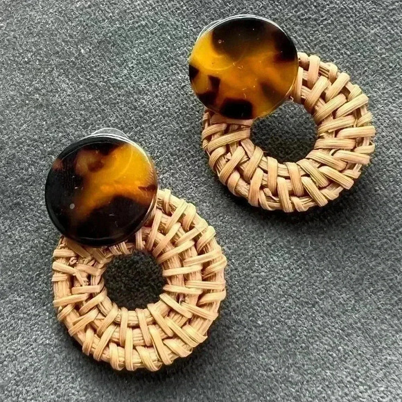 Rattan Hoop Dangle Earrings Bohemia Straw Braided Wicker Tortoise Shell - Picture 6 of 6